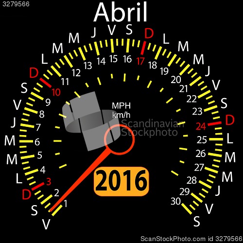 Image of 2016 year calendar speedometer car in Spanish, April. 