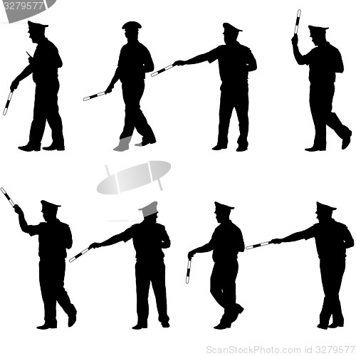Image of Set black silhouettes  Police officer  with a rod on white 