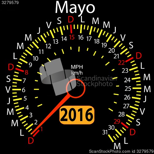 Image of 2016 year calendar speedometer car in Spanish, May. 