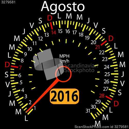 Image of 2016 year calendar speedometer car in Spanish, August. 