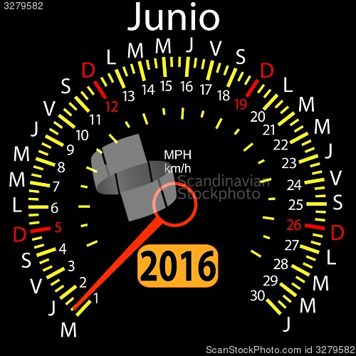 Image of 2016 year calendar speedometer car in Spanish, June. 