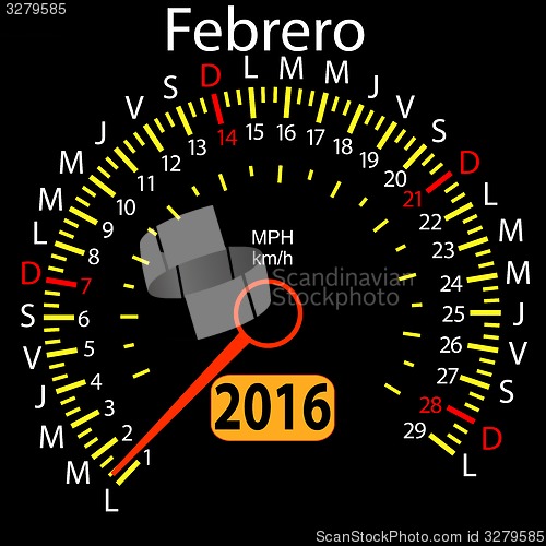 Image of 2016 year calendar speedometer car in Spanish, February. 