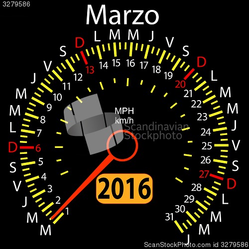 Image of 2016 year calendar speedometer car in Spanish, March. 