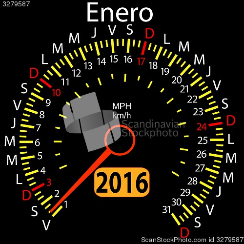 Image of 2016 year calendar speedometer car in Spanish, January. 