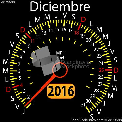 Image of 2016 year calendar speedometer car in Spanish, December. 