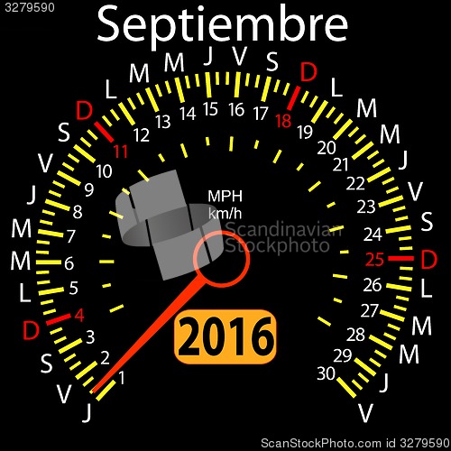 Image of 2016 year calendar speedometer car in Spanish, September. 