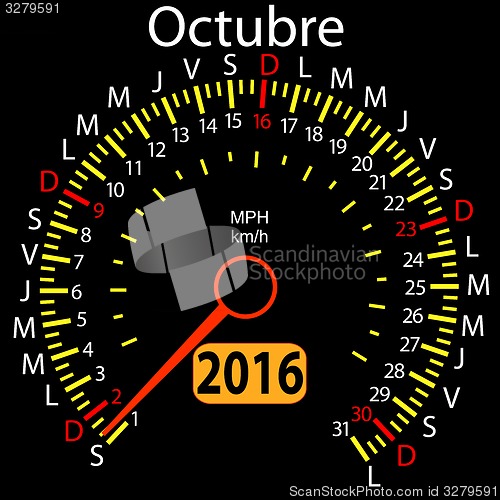 Image of 2016 year calendar speedometer car in Spanish, October. 
