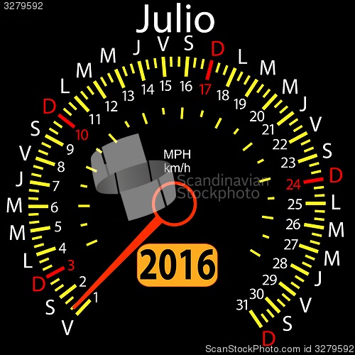 Image of 2016 year calendar speedometer car in Spanish, July. 