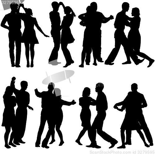 Image of Black silhouettes Dancing on white background. 