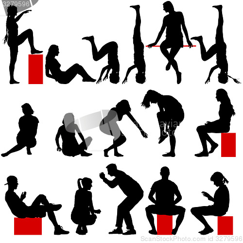 Image of Black silhouettes of men and women in a pose sitting 