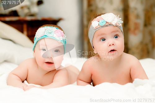 Image of Two twin babies, girls in nice headbands