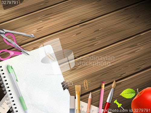 Image of School supplies on wooden background. EPS 10