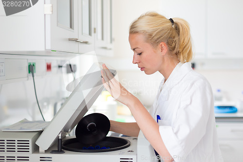 Image of Attractive young scientist pipetting.