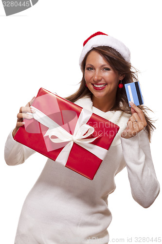 Image of Woman holding a Christmas gift and bank card