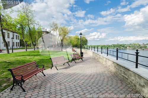 Image of Quay of the River Narva spring sunny day  