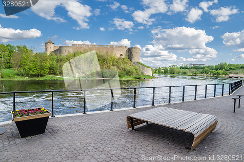 Image of Quay of the River Narva with Ivangorod fortress  