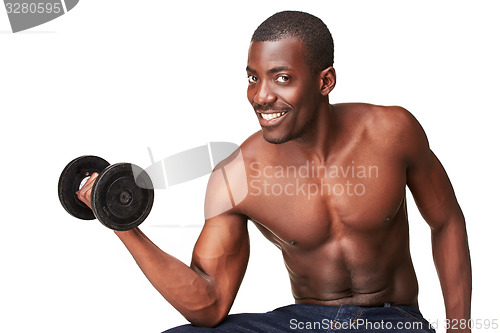 Image of Strong and muscular guy with dumbbell isolated on white background