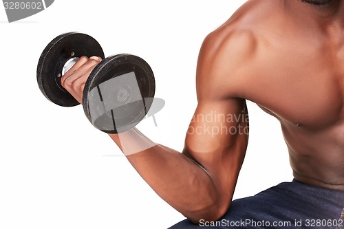 Image of Strong and muscular guy with dumbbell isolated on white background