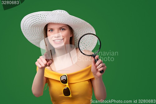 Image of Shocked surprised woman showing blank copy space