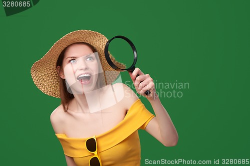 Image of Shocked surprised woman showing blank copy space