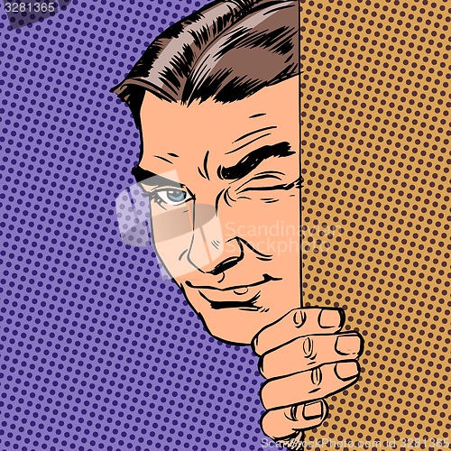 Image of Man spy keeps peeking out from behind the wall style pop art ret
