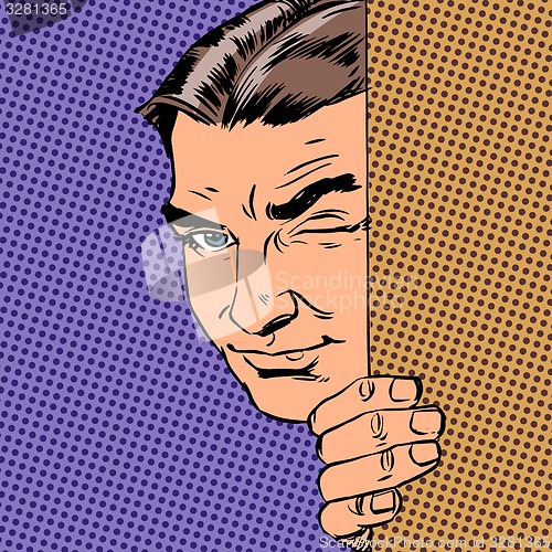 Image of Man spy keeps peeking out from behind the wall style pop art ret