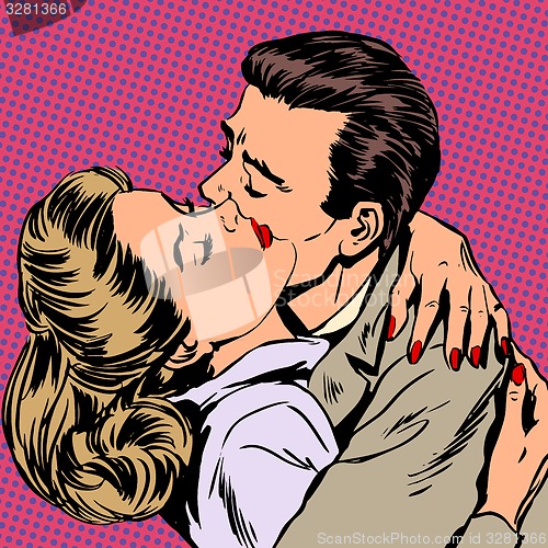 Image of Passion man woman embrace love relationship style pop art retro