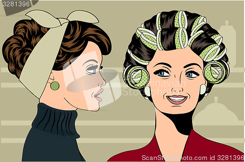 Image of Woman with curlers in their hair talking with her friend