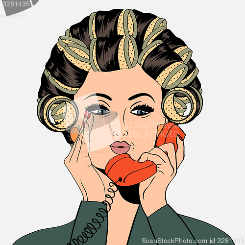 Image of Woman with curlers in their hair talking at phone, isolated on w