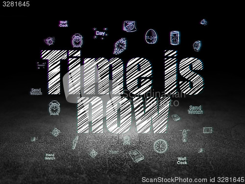 Image of Time concept: Time is Now in grunge dark room