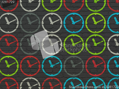 Image of Time concept: Clock icons on wall background