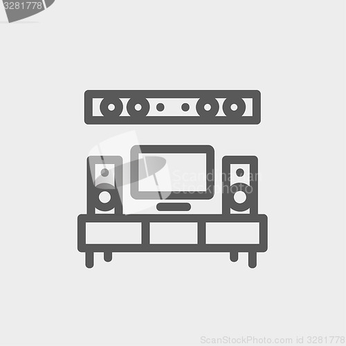 Image of TV flat screen and home theater thin line icon