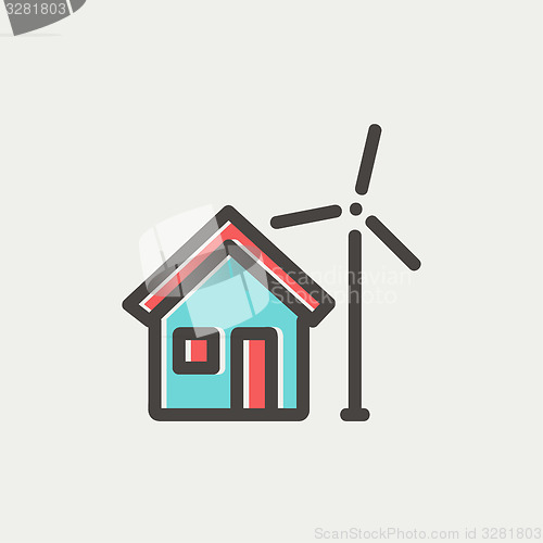 Image of House and windmill thin line icon