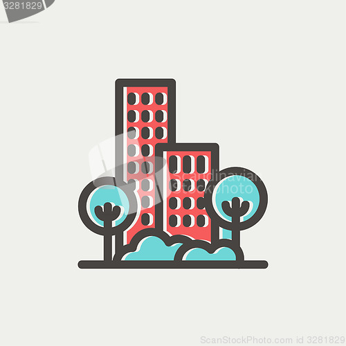 Image of Building and trees thin line icon
