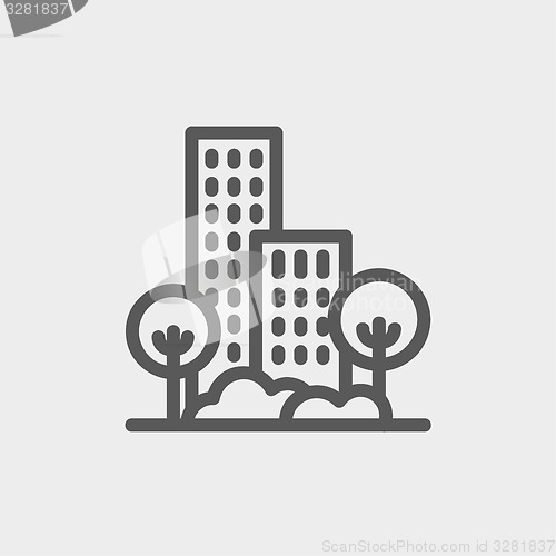Image of Building and trees thin line icon