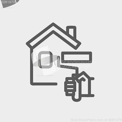 Image of House painting using paint roller thin line icon