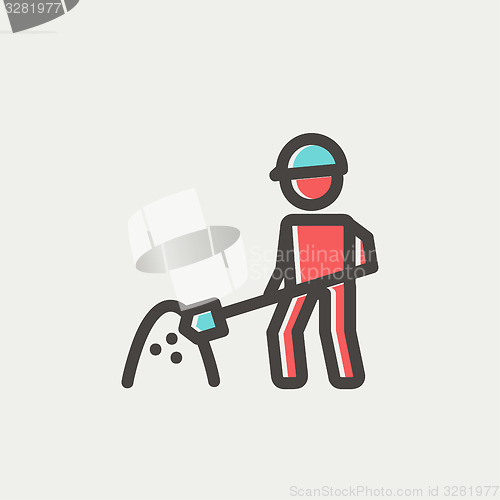Image of Worker with hard hat and shovel in building site thin line icon
