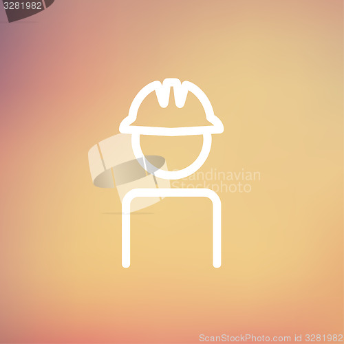 Image of Worker wearing hard hat thin line icon