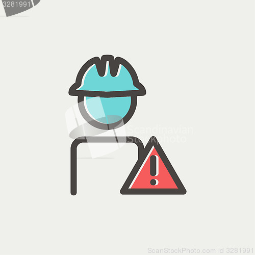 Image of Worker in caution sign thin line icon