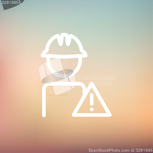 Image of Worker in caution sign thin line icon