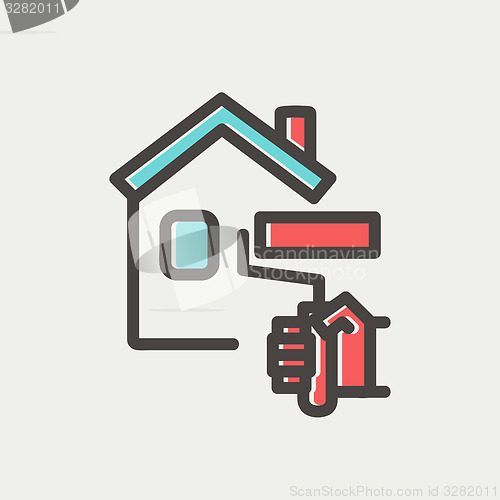 Image of House painting using paint roller thin line icon
