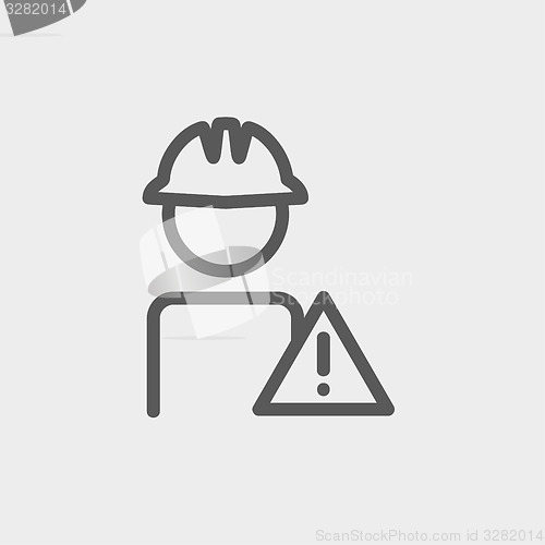 Image of Worker in caution sign thin line icon