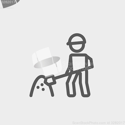 Image of Worker with hard hat and shovel in building site thin line icon