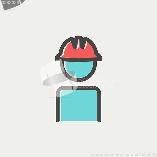 Image of Worker wearing hard hat thin line icon