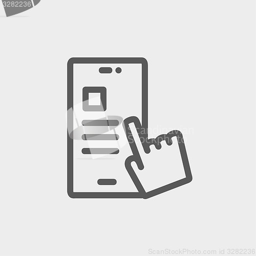 Image of Smartphone and hand checking of work task schedule thin line icon