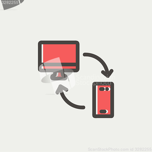 Image of Data transferring from laptop to smartphone thin line icon