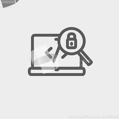 Image of Laptop and magnifying glass looking for security lock thin line icon