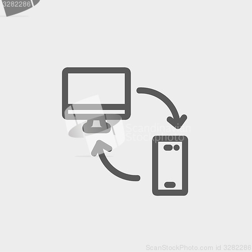 Image of Data transferring from laptop to smartphone thin line icon