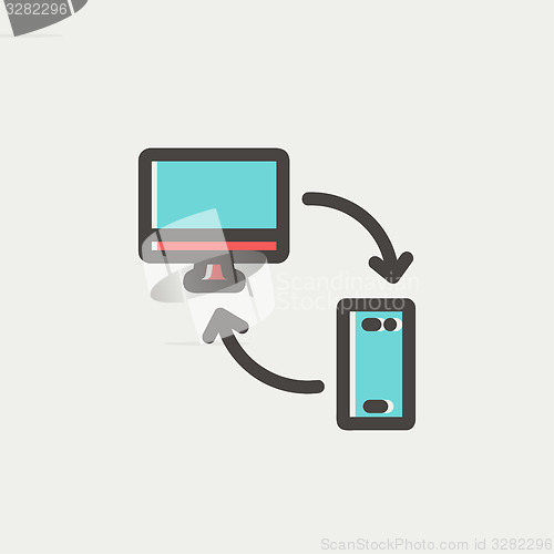 Image of Computer, mobile device and network connection thin line icon