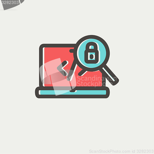 Image of Laptop and magnifying glass looking for security lock thin line icon